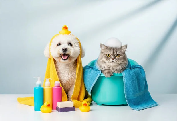 Dog and cat wrapped in towels with cleaning products on a light background
